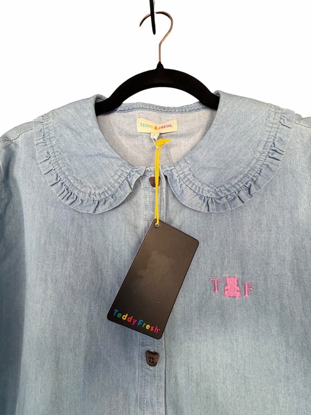 Teddy Fresh Kids Chambray Shirt Youth L Peter Pan Collar Bear Buttons NWT Twee